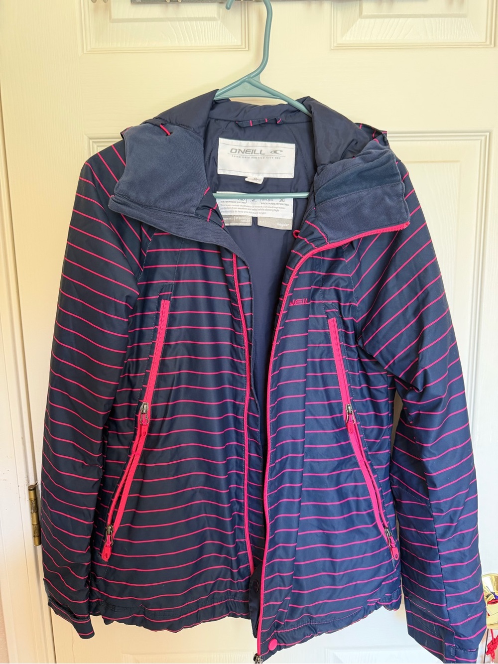 O'Neill Navy Jacket with Hot Pink Stripes and Hood